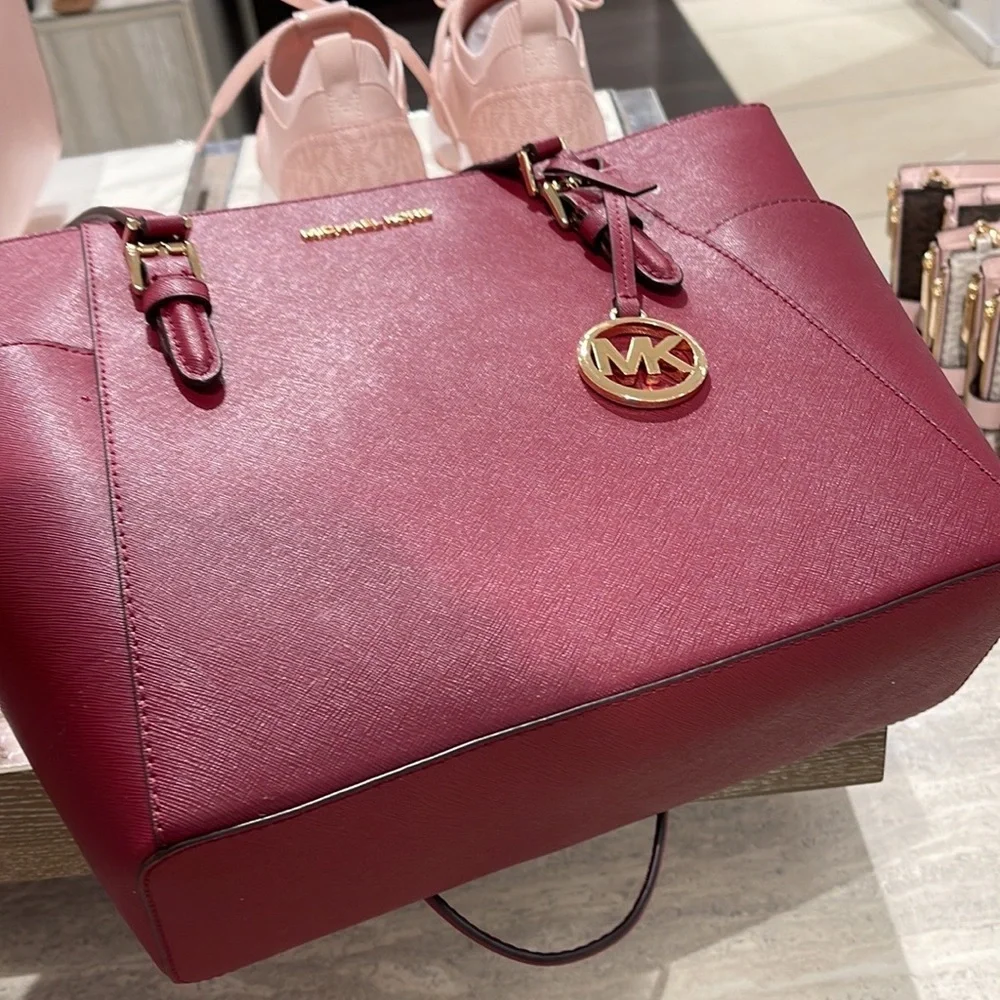 MICHAEL KORS Charlotte Large Leather Top-Zip Tote Dark Cherry NWT